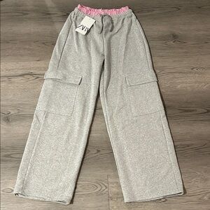 Zara Kids Gray Cargo Pants with Pink Waistband Girl’s Size 13-14